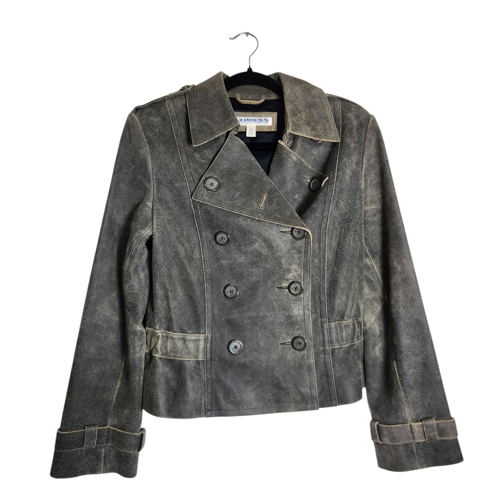 Express Precision Fit Distressed Leather Jacket Double Breasted Coat Brown 10